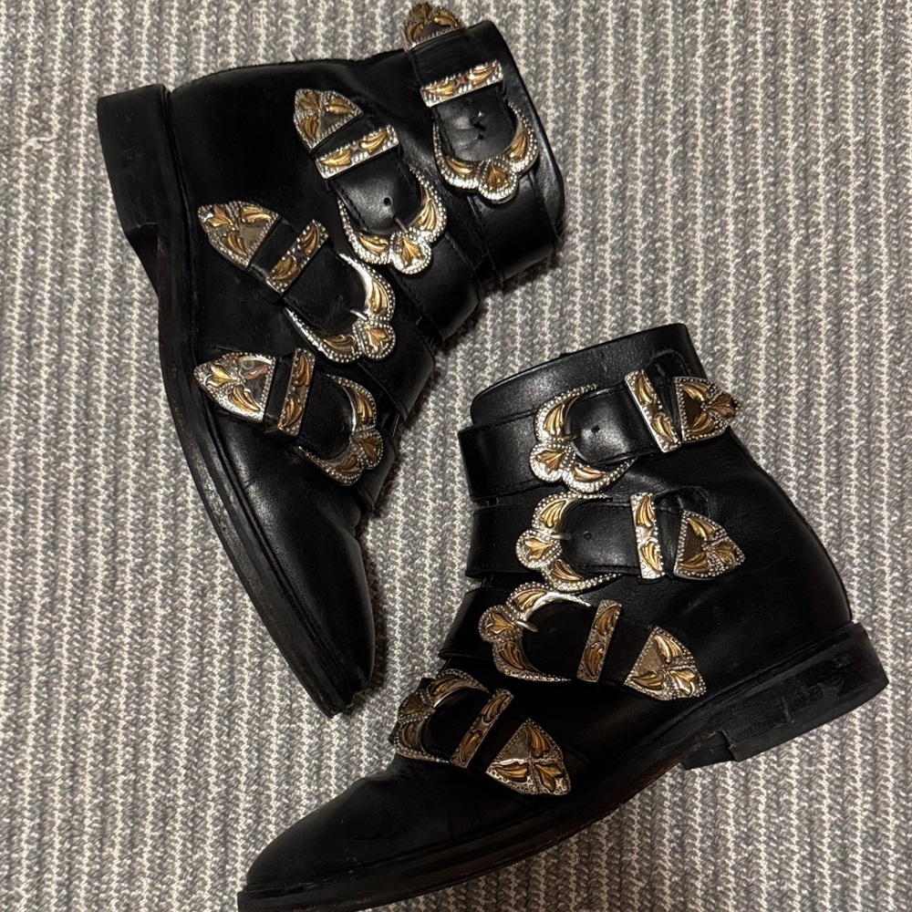 Maje Black Ankle Boots with Gold Buckles